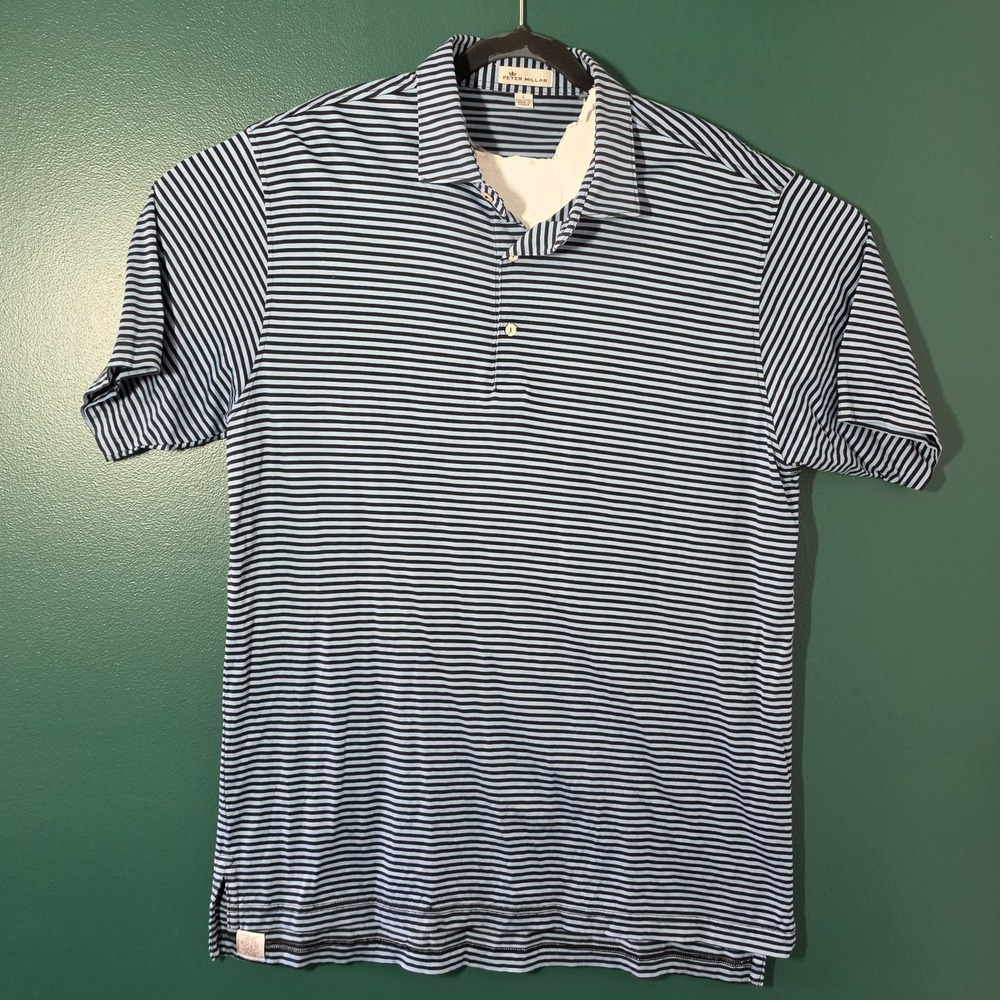 Peter Millar Black/Blue Striped Golf Polo Shirt Size Large SKU 2-050